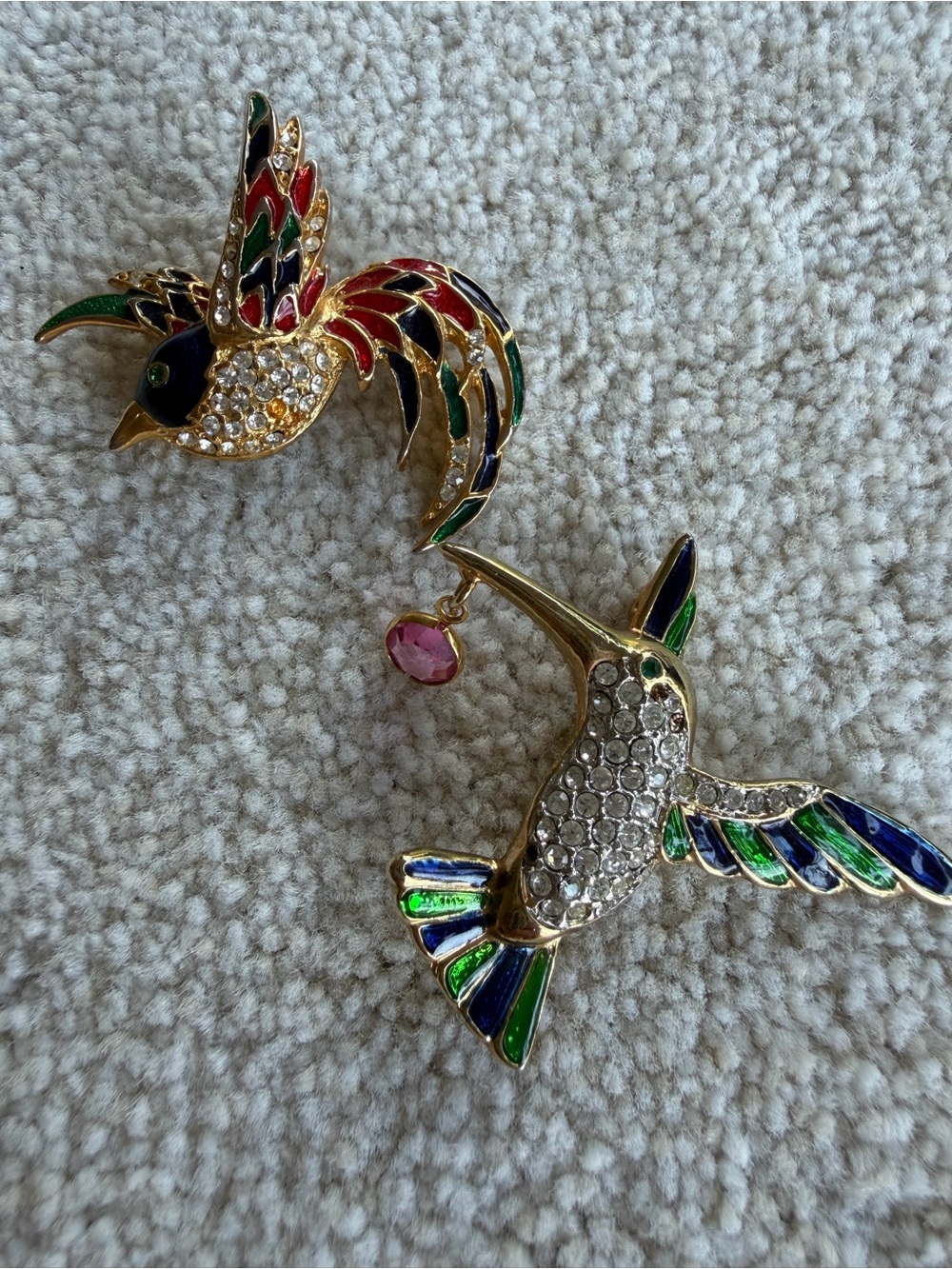 Gold-Tone Multicolor Bird Brooch Set - Green, Blue, Red, Pink Accent
